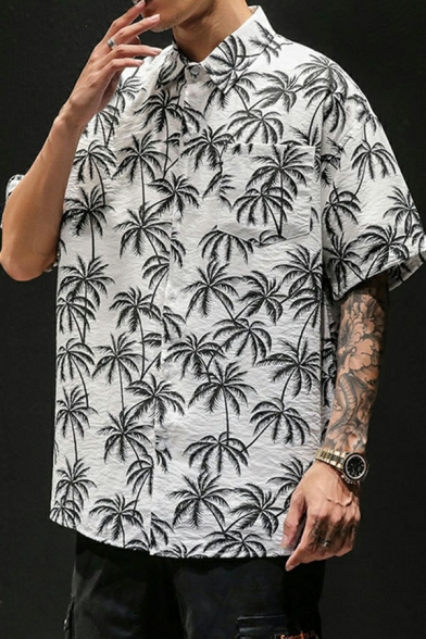 Men Leisure Shirt Tropical Plant Print Turn-down Collar Button Closure Short-Sleeved Shirt