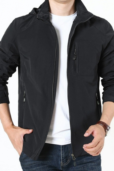 Mens Unique Jacket Solid Color Long-Sleeved Hooded Pocket Regular Fit Zip Fly Jacket