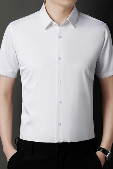 Modern Men Pure Color Shirt Turn-down Collar Button Closure Regular Fit Shirt