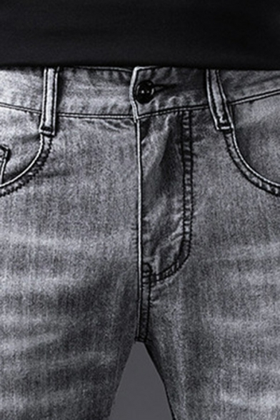 Modern Plain Jeans Medium Wash Pocket Detail Zipper Placket Jeans for Men