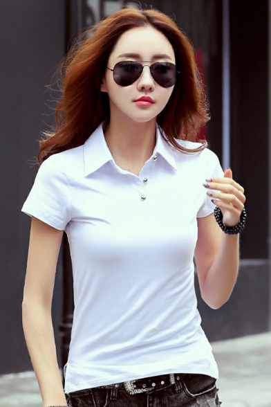 Modern Womens Polo Shirt Plain Turn-down Collar Short Sleeve Gym Polo Shirt