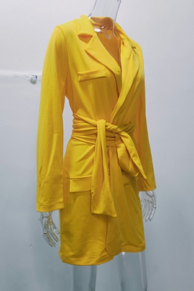 Original Ladies Dress Pure Color Lapel Collar Mini Length Long Sleeves Lace Up Dress