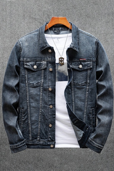 Trendy Guys Denim Jacket Plain Pocket Detail Button Closure Turn-down Collar Denim Jacket