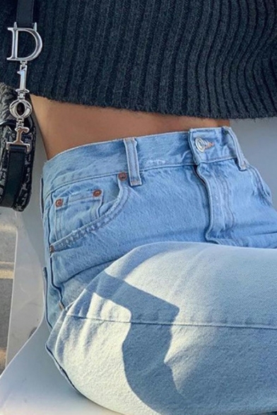 Trendy Light Blue Jeans High Rise Pocket Detail Ripped Design Jeans for Women
