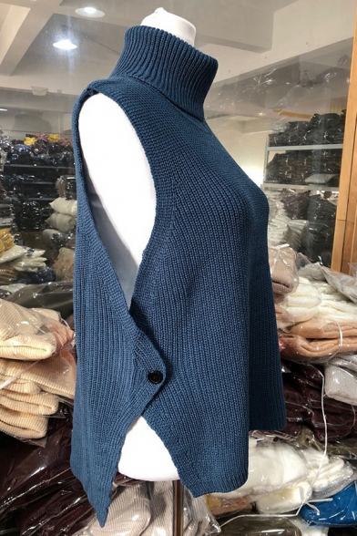 Trendy Women Vest Solid Color Knit High Slit High Neck Regular Fit Vest