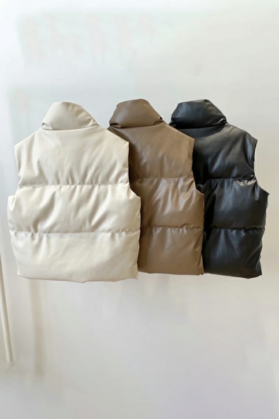 Urban Women Vest Solid Color PU Leather Zip Pockets Stand Collar Vest