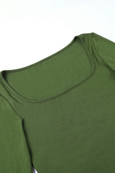 Women Classic T-shirt Pure Color Square Neck Long Sleeve Irregular Hem Tee Top