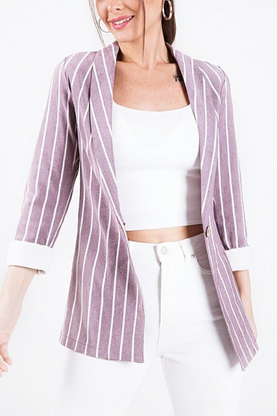 Women Trendy Suit Blazer Stripe Print Shawl Collar Single Button Suit Blazer