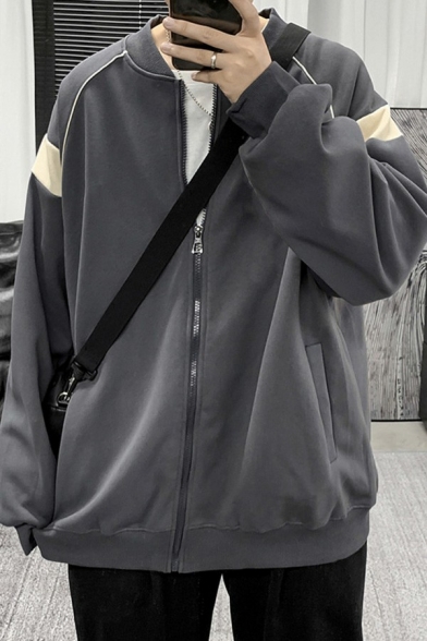 Boy's Hot Jacket Contrast Color Pocket Stand Collar Baggy Zip down Baseball Jacket