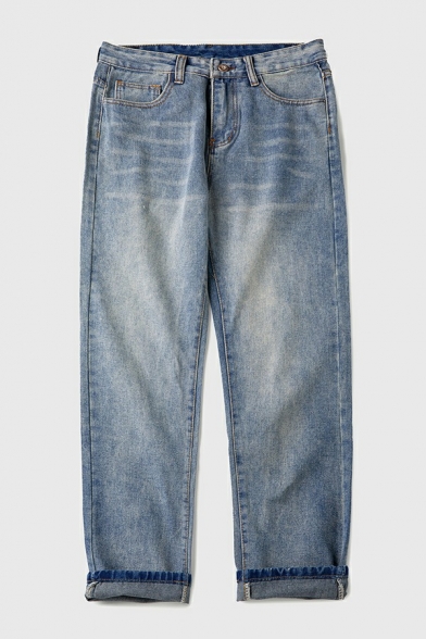 Casual Mens Blue Jeans Medium Wash Pocket Detail Zipper Placket Full Length Jeans