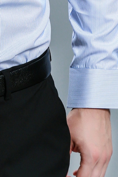 Classic Guys Shirt Stripe Print Turn-down Collar Long-sleeved Regular Chest Pocket Shirt