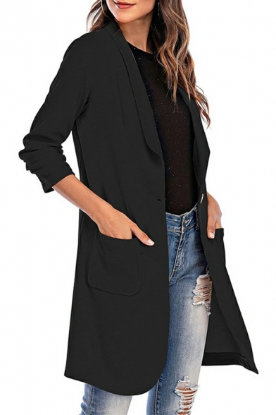 Elegant Women Midi Blazer Pure Color Pocket Detail Single Button Shawl Collar Blazer
