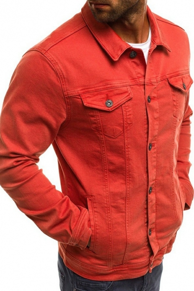 Men Daily Denim Jacket Plain Spread Collar Button Closure Front Pocket Denim Jacket