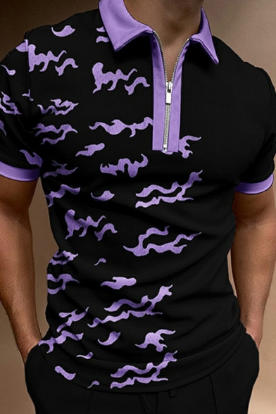 Men's Casual Polo Shirt Clouds Pattern Zip Detail Spread Collar Short Sleeves Polo Shirt