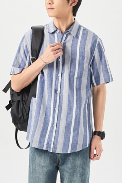 Men Urban Shirt Stripe Pattern Turn-down Collar Chest Pocket Short-Sleeved Shirt