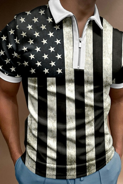 Novelty Guys Polo Shirt Stripe Print Short-sleeved Regular Zip Detail Polo Shirt