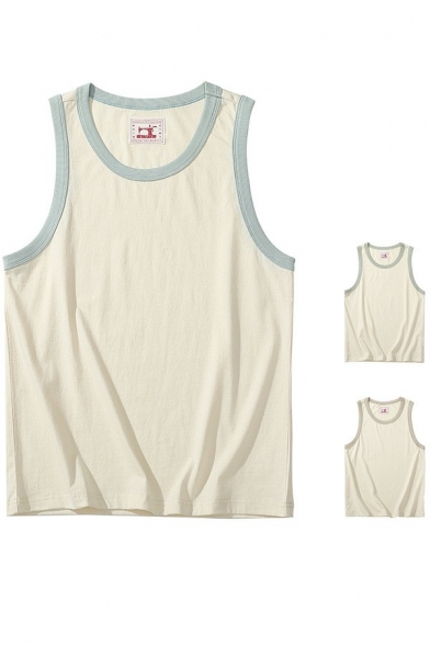 Simple Mens Vest Contrast Stripe Sleeveless Round Collar Relaxed Tank Top