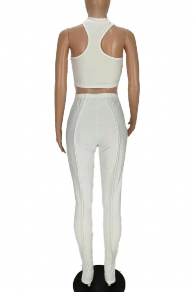 Sporty Womens Set Solid Color Halter Sleeveless Crop Tank Tee & High Waist Pants Co-ords