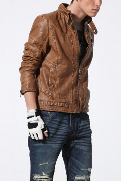 Stylish Jacket Plain Zip Fly Stand Collar Pocket Detail Leather Jacket for Men