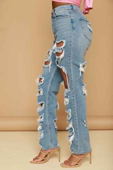 Trendy Women's Solid Color Ripped Design Pocket Detail Slim Fit Jeans