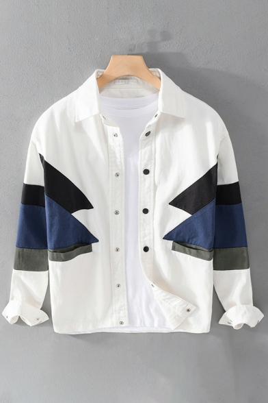 Urban Mens Jacket Color Block Long Sleeves Spread Collar Relaxed Button Down Jacket