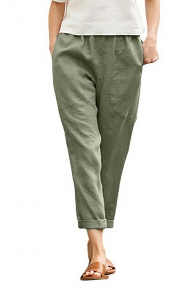 Daily Plain Pants Mid Rise Pocket Detail Elastic Waist Straight Fit Pants for Women