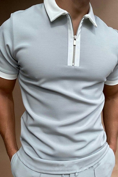 Dashing Men Polo Shirt Contrast Color Zipper Detail Short-sleeved Spread Collar Polo Shirt