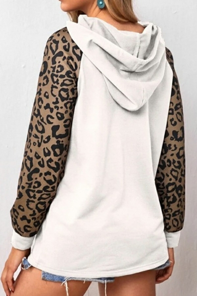 Ladies Girlish Hoodie Contrast Leopard Drawcord Relaxed Hoodie