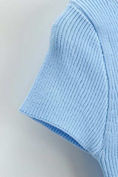 Leisure Women's Crop Knit Top Plain Button Detail Short Sleeve Turn down Collar Kint Top