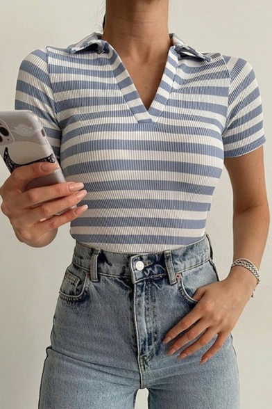 Leisure Womens Polo Shirt Striped Pattern V Neck Short Sleeve Knitted Polo Shirt
