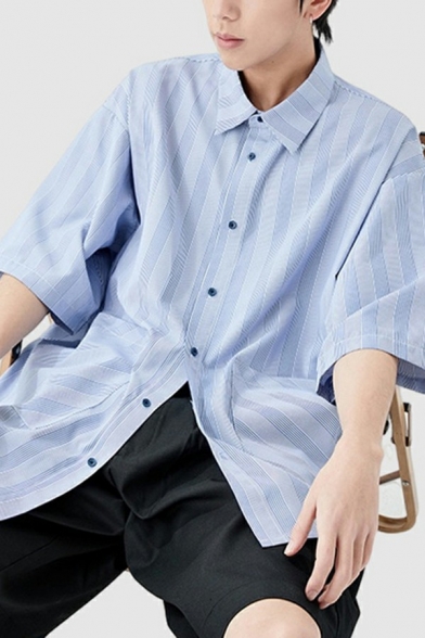Men Fashionable Shirt Stripe Printed Turn-down Collar Button Closure Pocket Detail Shirt