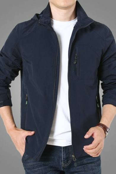 Mens Unique Jacket Solid Color Long-Sleeved Hooded Pocket Regular Fit Zip Fly Jacket