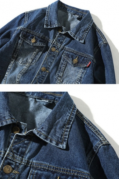 Simple Guys Plain Denim Jacket Spread Collar Button Closure Pocket Detail Denim Jacket