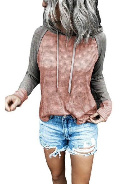 Soft Hoodie Color Block Drawstring Baggy Waffle Hoodie for Women