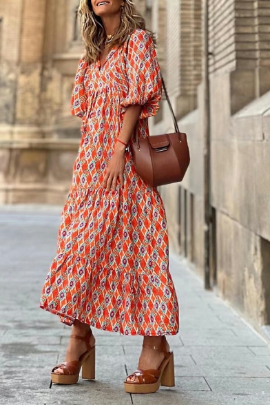 Trendy Women Dress Floral Pattern Long Length Puff Sleeves V Neck Sashes Detail Dress