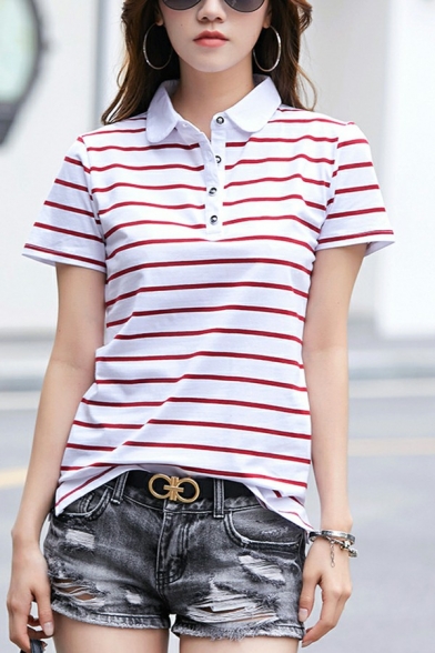 Trendy Womens Polo Shirt Striped Print Turn-Down Collar Short Sleeve Workout Polo Shirt