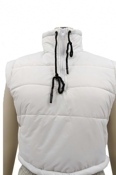 Vintage Women Drawstring Vest Stand Collar Pure Color Zip Detail Regular Fit Vest