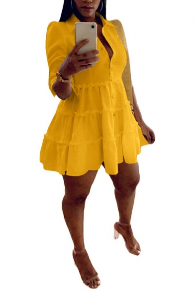 Women Casual Dress Plain Spread Collar Half Sleeve Sashes Design Mini Dress