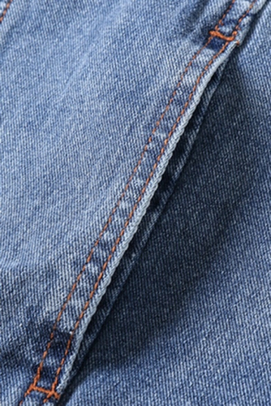 Basic Blue Denim Jacket Button Closure Spread Collar Pocket Detail Denim Jacket for Men
