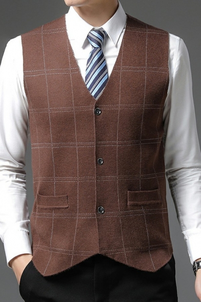 Classic Guy's Suit Vest Plaid Pattern V Neck Sleeveless Regular Fitted Suit Vest