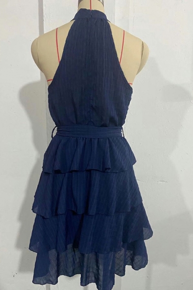 Cozy Dress Solid Color Halter Sleeveless Ruffles Detail Mini Length Dress for Girls
