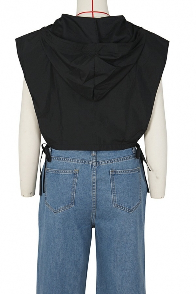 Fashionable Drawstring Women Vest Solid Color Zip Closure Vest with Hood