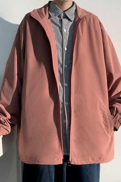 Fashionable Men Jacket Pure Color Hooded Pocket Long Sleeve Oversized Zip Fly Jacket