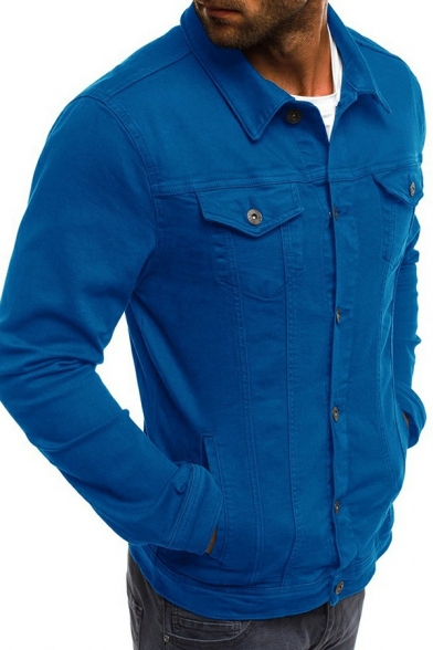 Men Daily Denim Jacket Plain Spread Collar Button Closure Front Pocket Denim Jacket