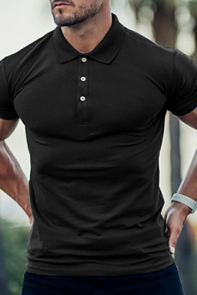 Men Simple Polo Shirt Plain Turn-down Collar Short Sleeve Button Detail Polo Shirt