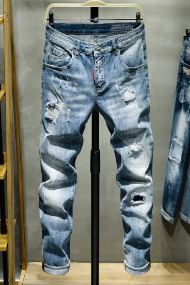 Men Trendy Jeans Plain Zip-Fly Front Pocket Distressed Design Jeans