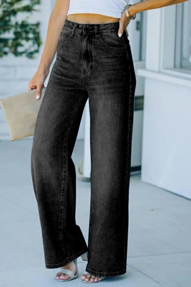 Simple Women Wide Leg Jeans Solid Color Zip Mid Waist Straight Fit Jeans