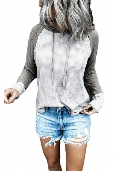 Soft Hoodie Color Block Drawstring Baggy Waffle Hoodie for Women