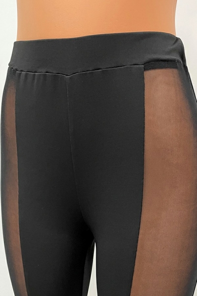 Sporty Color Block Pants Mid Rise Mesh Detail Skinny Fit Pants for Women