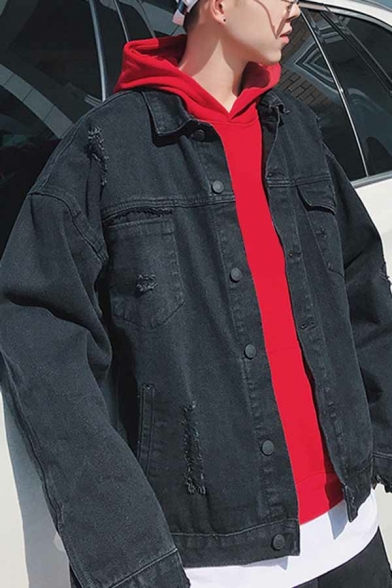 Stylish Guys Denim Jacket Wing Print Spread Collar Button Closure Pocket Detail Denim Jacket